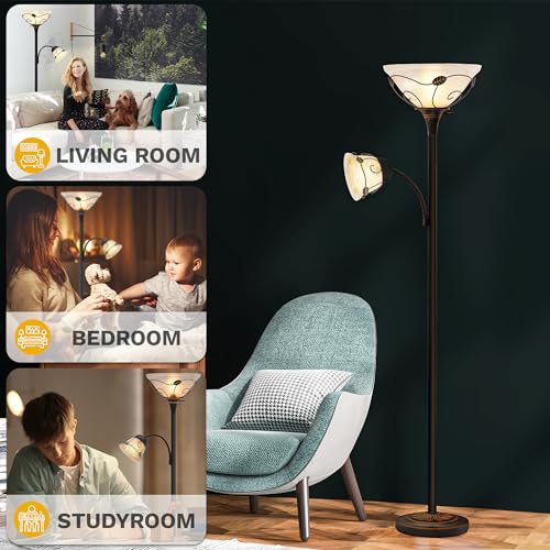 DWVO Torchiere Floor Lamp with Sidelight for Reading Home Decor, 71" Floor Lamp with Glass Shade for Bedroom, Living Room Office (Bulbs not Included)