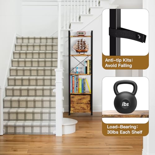 Across-Star Narrow-Bookshelf-With-Storage-Drawer, 5-Tier Small Standing Book Shelf Organizer For Small Space, Tall Thin Bookcase Shelf For Bedroom Living Room Office, Wooden Shelving Unit Rack For Display thumb #5