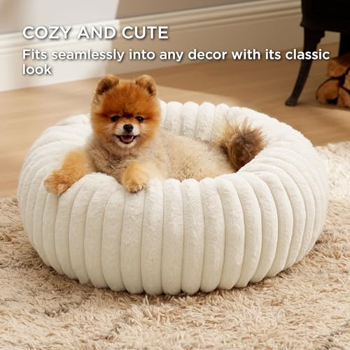 Bedsure Donut Small Dog Bed - Dog Beds for Small Dogs with Corduroy Fleece & Anti Slip Bottom, Round Faux Fur Pet Beds with Washable Removable Cover, Cream, 23x23x7 inches - Image 5