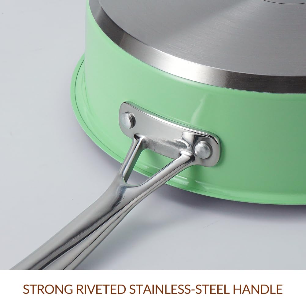 HOMICHEF 24 CM Verde Menta Sartén de Acero Inoxidable sin Níquel con Tapa de Cristal - 2.37 L Sartén Honda No Tóxica para Cocinas de Inducción Apta para Horno