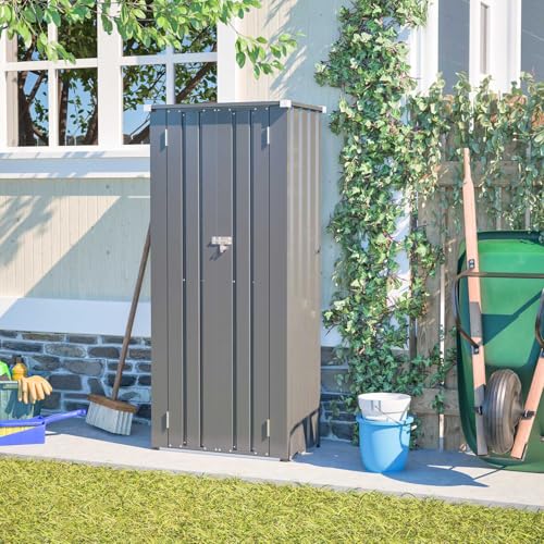 BIRCHTREE Metal Garden Storage Box Cabinet with Shelves, Waterproof Outdoor Vertical Shed for Tools and Patio Use, Grey