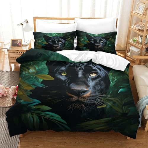 Funda nórdica de pantera negra 3D en microfibra suave con dos fundas de almohada para cama doble 3
