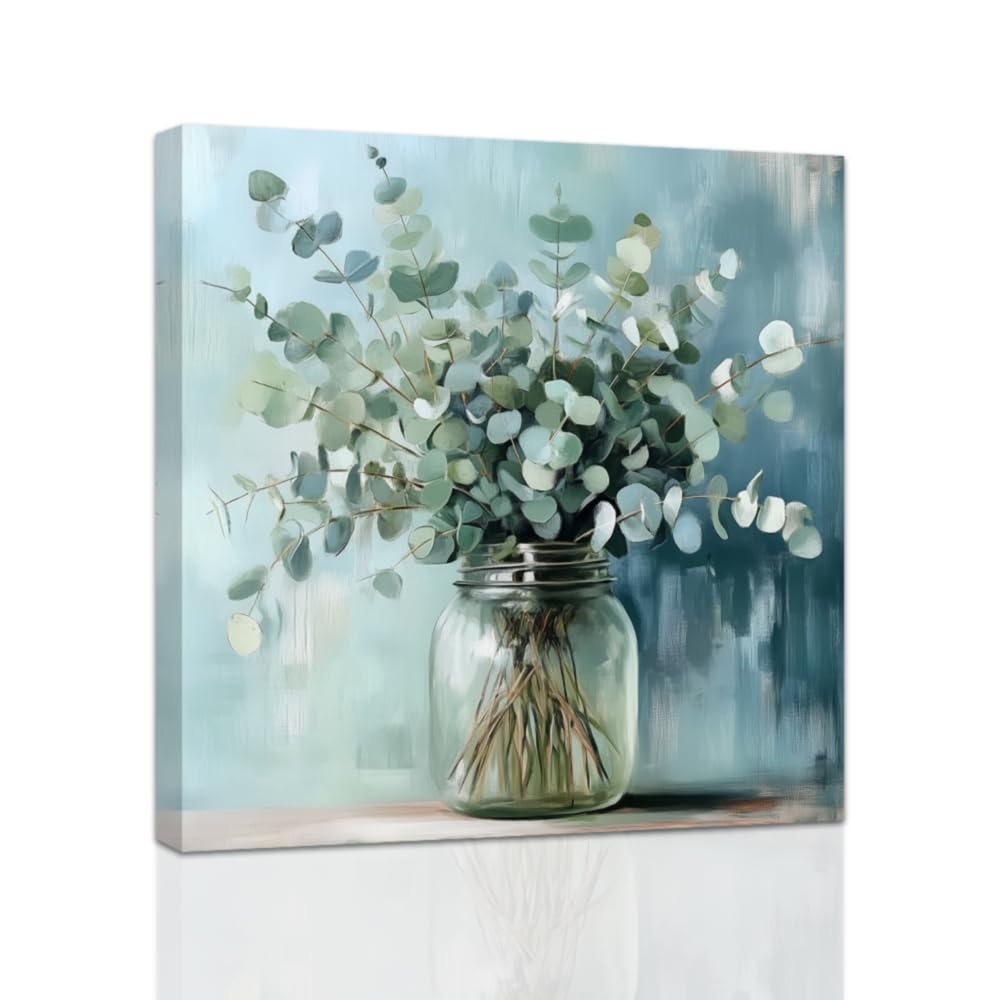 ZXHYWYM Eucalyptus Wall Art Green Leaf Paintings Farmhouse Plant Pictures Rustic Botanical Canvas Prints for Bedroom Kitchen Decor Framed (40 x 40 cms)