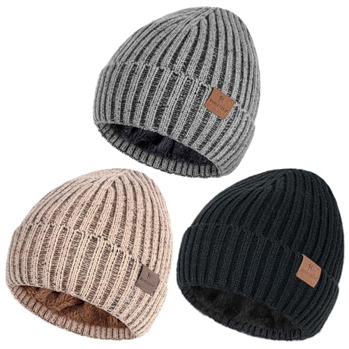 HONGTEYA 3 Pack Winter Beanie for Men Women, Thicken Thermal Plush Lined Beanie Fashion Warm Knit...