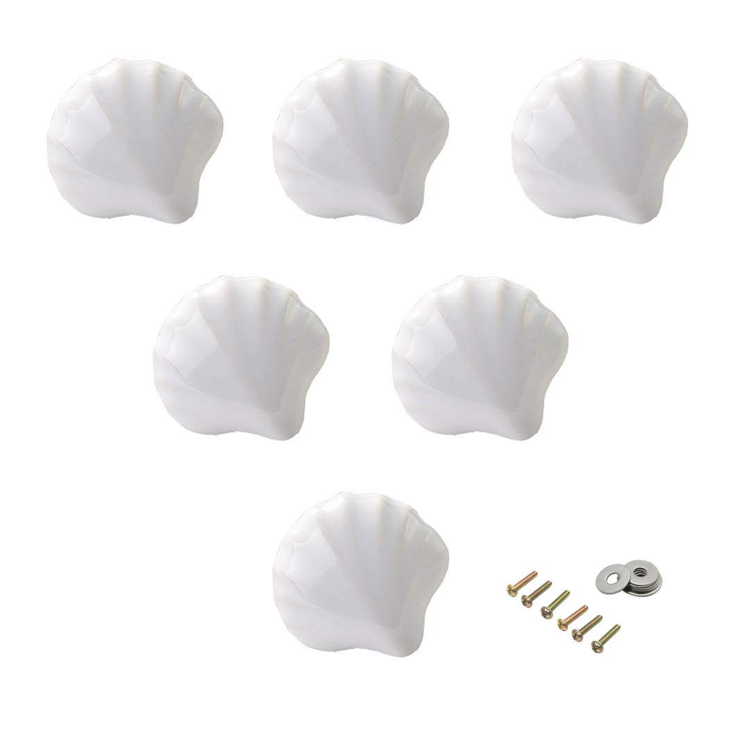 Seeraphee White Shell Lovely Ceramic Knob Shell Knob For Kid's Room Furniture Cabinet Handles Ceramic Drawer Pull Kitchen Drawer Pulls 6 Pack