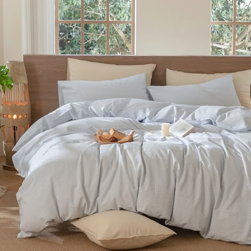Image of MooMee Striped Duvet Cover Set 100% Washed Cotton Linen Like | Relaxed Linen-like Texture. Soft, Breathable & Long-lasting Comfort. Lightweight. Hidden Zipper with 8 Interior Corner Ties
