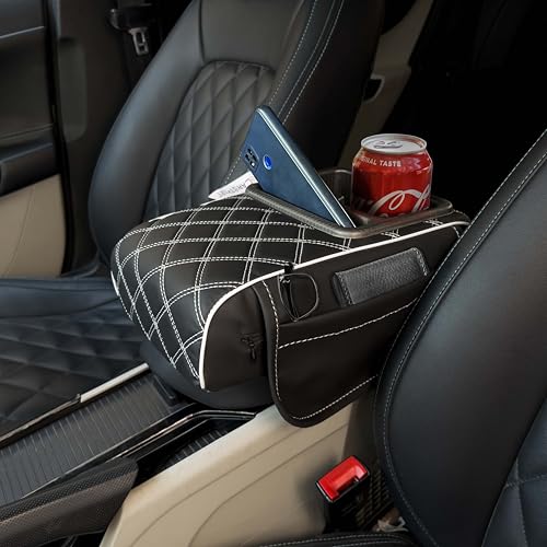 Image of Carigiri Nappa Leatherette,Foam ComfiRest Pro Car Armrest Cushion with Cup Holder| Arm Cushion| Universal for All Cars| Armrest with Mobile Holder (White,Utility Pockets,Dual Cup Holder,Mobile Holder)