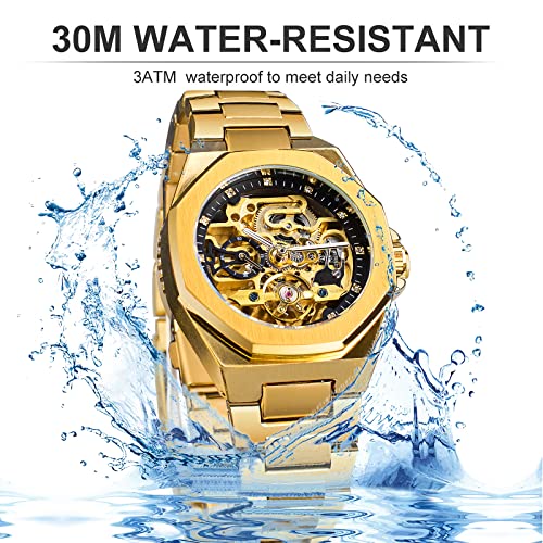 Image of FORSINING Vintage Watch for Men Engraved Automatic Self-Wind Mechanical Big Dial Luminous Moon Phase Golden Hollow Tattoo Pattern Wrist Watches, Mechanical