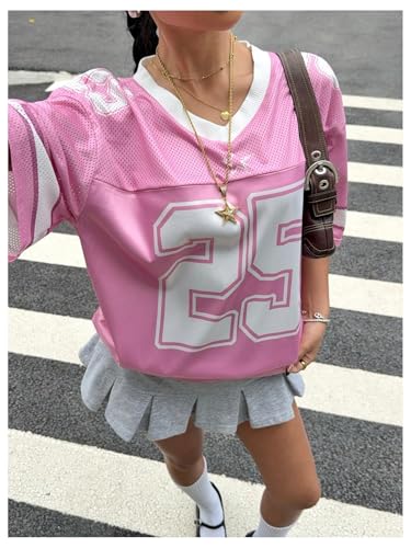 SweatyRocks Girl's Letter Number Jersey Shirt V Neck Drop Shoulder Oversized Mesh T Shirt3