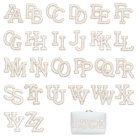 52 Pcs Pearl Letter Patches, Self Adhesive A-Z Glitter Alphabet Patches Large Letter Patches for Craft DIY (Gold) Cover