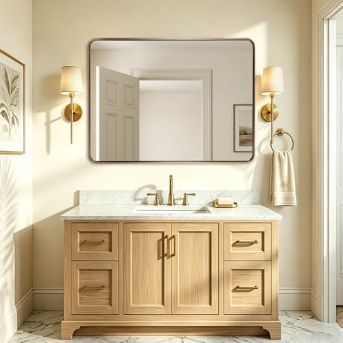 Image of ANDY STAR Large 30x40'' Brushed Champagne Bronze Bathroom Vanity Mirror, Rounded Rectangle Mirrors for Bathroom, Elegant Oblong Mirrors for Over Sinks in 1'' Rustproof Tube Metal Framed Wall Mounted