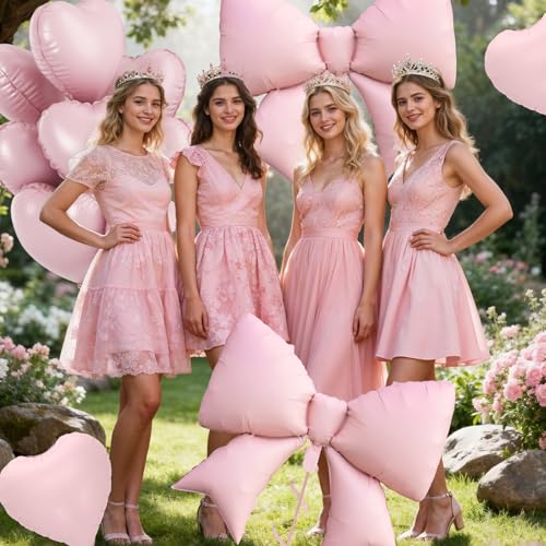 Pink Heart Balloons, Pink Bow Balloons, 10Pcs 18 Inch Heart Shaped Balloon and 38 Inch Helium Bow Foil Balloon for Girls Women Valentine's Day Baby Shower Bridal Shower Engagement Birthday Party Decor by FunHot - Used condition - Image 5
