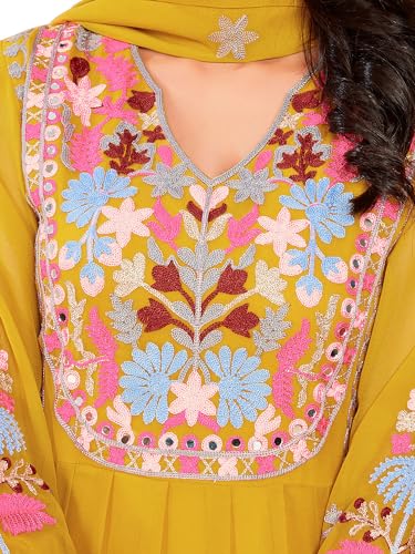 Image of Fabzoo Women's Georgette Embroidery Work & Original Mirror Anarkali Kurta Palazzo & Dupatta Set | Kurta & Palazzo Full Stitch And Full Inner | Palazzo Full Elastic (YELLOW -XL)