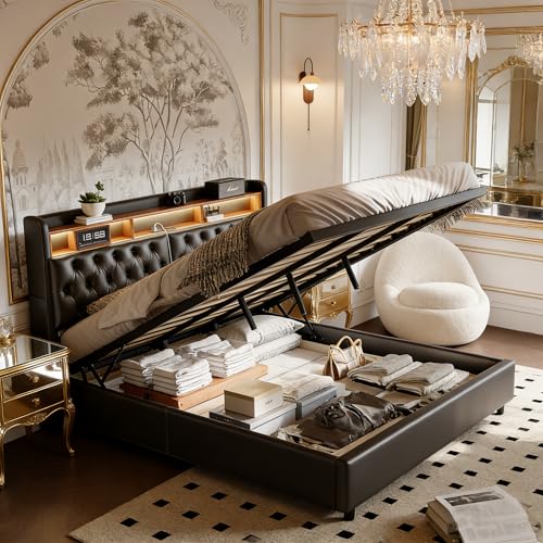 Doppelbettrahmen 180x200cm im Retro-Stil mit Hydraulischem Stauraum und LED-Beleuchtung, Schwarzes Plattformbett aus Kunstleder, Modern und Elegant,3 Größen Verfügbar für Ihr Ideales Schlafzimmer