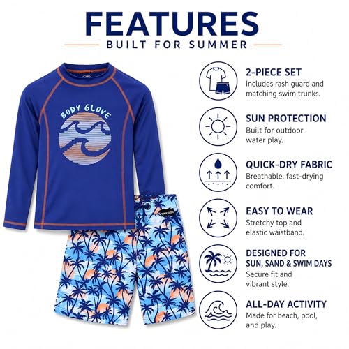 Image of Body Glove Boys Swim Set - 2 Piece Boys Swim Trunks with Rash Guard UV Protection Swimsuit Kids Bathing Suits (Sizes 4-12)