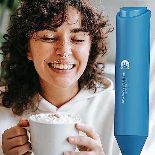 Image of England Stories Electric Milk Frother Handheld, Battery Operated Whisk Beater Foam Maker for Coffee, Cappuccino, Latte, Matcha, Hot Chocolate, Mini Drink Mixer, No Stand, Metal Blue