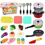 D-FantiX Kids Play Kitchen Accessories Set, 24 Pcs Toddlers Tin Pots and Pans Playset Pretend Cooking Toys, Cookware Utensils Cutting Vegetables for Boys Girls Age 3 4 5 6 7 Years Old Children