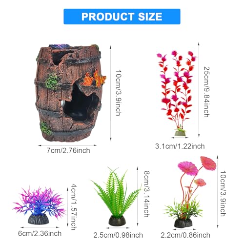 MDPUTY 5 PCS Fish Tank Decorations, Broken Barrel Cave Decor Artificial Resin Broken Barrel with 4 Aquarium Plants Aquarium Decoration Fish Tank Ornaments for Fishes Cave and Hideout Decoration - Image 2