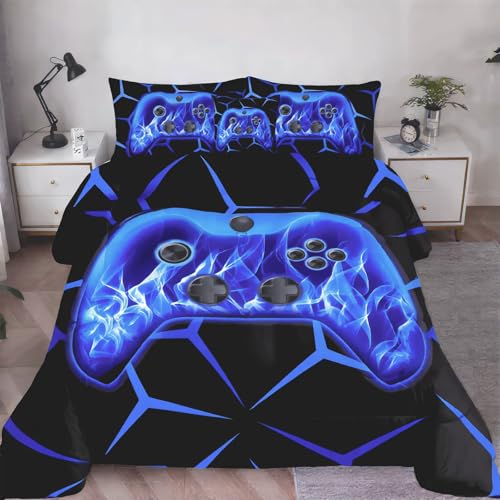 Image of ZRNBAST Twin Size Comforter Set, 6 Pieces Blue Gaming Bed in a Bag Twin