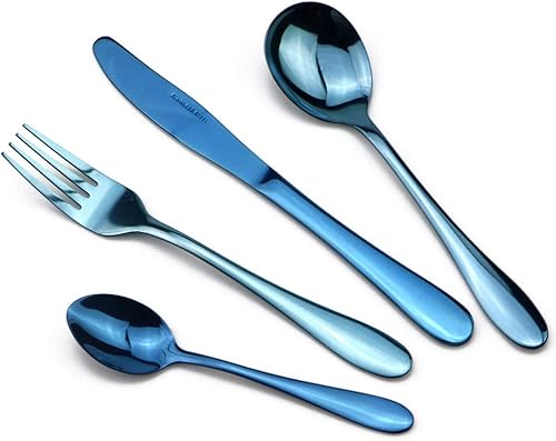 Miniatura 9 de JASHII Juego de 4 cubiertos de acero inoxidable 1810, juego de vajilla de cubertería, incluye cuchillo, tenedor, cuchara (pulido de espejo morado)