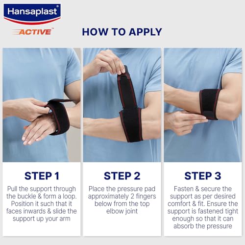 Hansaplast Active Tennis Elbow Support for Men & Women | 1 Unit | One Size Fits Most | Elbow Brace with visible Pressure Pad for Long Lasting Pain Relief | Skin Friendly Elbow Band/Guard with Adjustable Strap for Custom Fit | Tennis, Badminton, Cricket, Gym, Workout 7 511NXvQlgJL