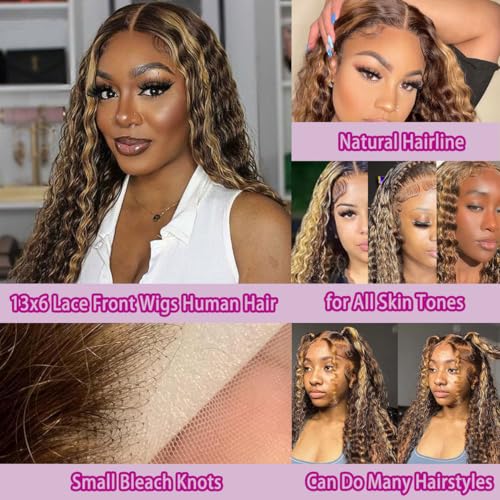 Image of LAINSS Highlight 13x6 Deep Wave Lace Front Wigs Human Hair 4 /27 Ombre Curly HD Transparent Lace Frontal Wig Pre Plucked Glueless Wig human hair 210% Density Wet and Wavy Curly Wigs 18 Inch