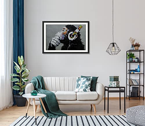 Hand Painted Oil Painting Canvas Mural Wall Art Banksy Enjoying Music Gorilla Thinking Monkey With Headphones Graffiti Life Is Short, Chill The Duck Out Hand Made Framed Matted 3D Brushstroke Texture For Home Decor Living Bed Office Kitchen Bath Room #TOP2