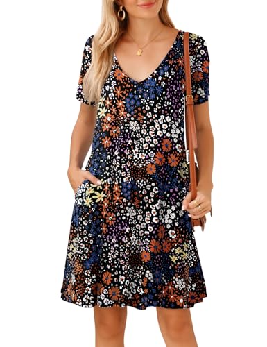 Image of JollieLovin Women T Shirt Plus Size Summer Swing Dresses Short Sleeve V Neck Loose Casual Dress(L-5X)