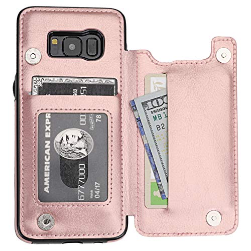 Vaburs S8 Case Wallet with Card Holder, Premium PU Leather Double Magnetic Buttons Flip Shockproof Protective Cover for Samsung Galaxy S8(Rose Gold)