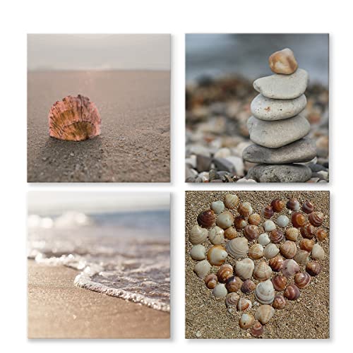 Renditions Gallery Bathroom Wall Décor Beach Pictures Prints on Canvas 32x32 inches Set of 4 Ocean Theme Seashell Wall Art Home Decoration