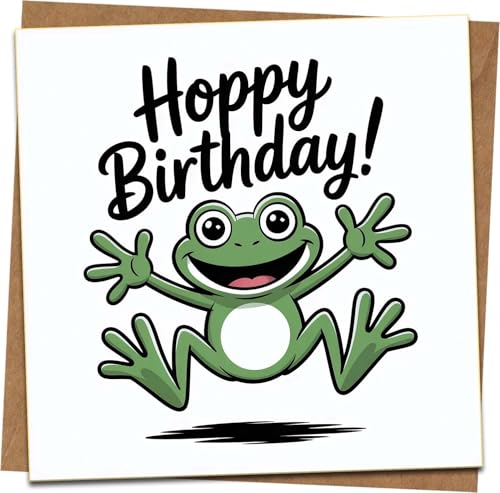 Funny Frog Birthday Card - 'Hoppy Birthday' Pun, 145mm x 145mm Square Greeting Card, Blank Inside, Includes Kraft Envelope - For Kids, Men, Women, Friends