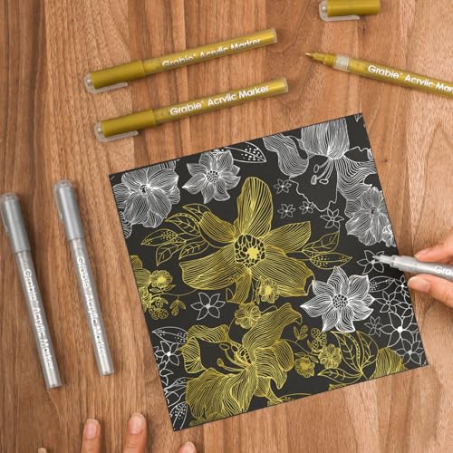 Image of Grabie Gold&Silver Extra Fine Tip Acrylic Paint Marker Set, 6 Pack Gold Paint Markers, 0.7mm Acrylic Paint Pens for Black Paper, Halloween Pumpkin, Christmas DIY, Silver Pen(Gold&Silver)