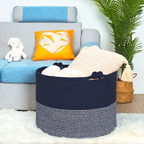 Mintwood Design Xxxxlarge 22 X 16 Inches Decorative Cotton Rope Basket, Blanket Basket Living Room, Laundry Basket, Woven Basket, Toy Storage Baskets Bin, Round Basket For Pillows, Towels, Navy Blue #TOP2