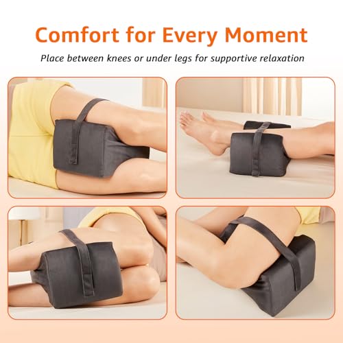 Image of amazon basics Memory Foam Knee Pillow for Side Sleeping | Adjustable Strap | Contoured Leg Elevation Aid | Soft Cushion for Side Sleepers - Dark Grey