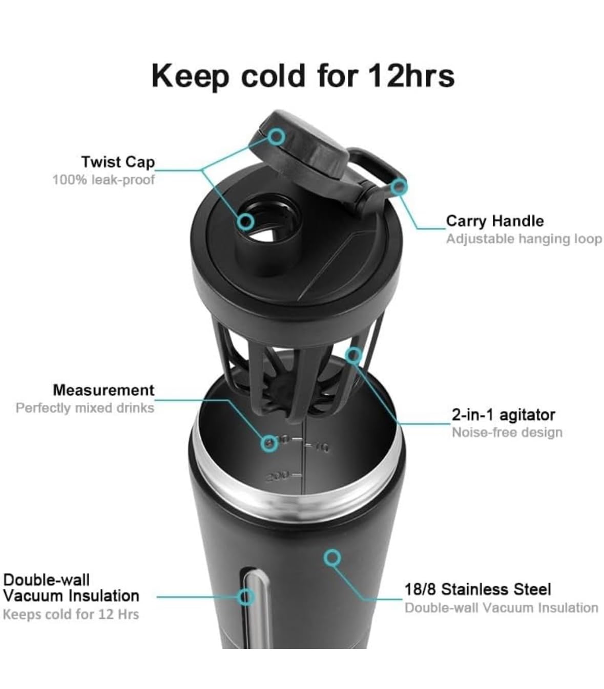 24 oz Insulated Stainless Steel Protein Shaker Bottle, Black — Amazon image 4