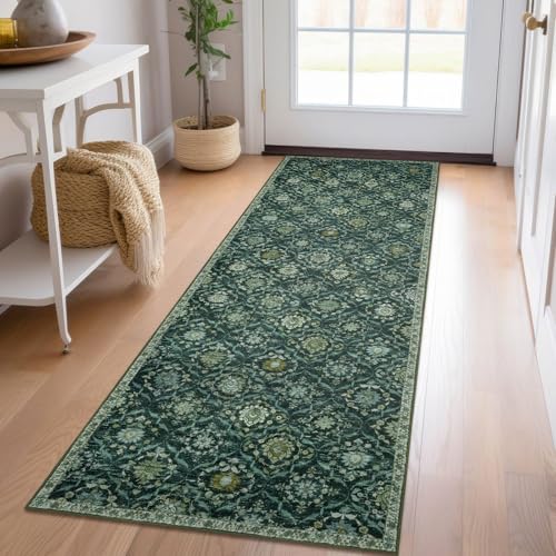 KILOCOCO 2x6 Runner Rug, Moroccan Super Soft Washable Hallway Entryway Runner Rug, Accent Print Faux Wool Kitchen Runner Rug 6 Feet Non-Slip Boho Rug Runner for Laundry Room Bedroom, Dark Green