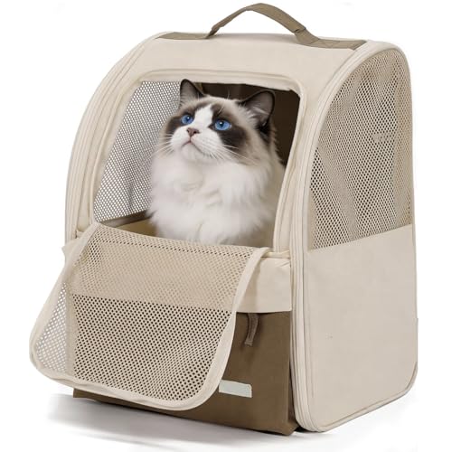 HundeRucksack und KatzenRucksack verschleißfestes bis 8kg - Haustier Rucksack mit Netzfenster für Kleine Haustiere Faltbare Katzenrucksack Hunde Mit Innerer Sicherheitsleine Haustiermatte (Cremeweiß)