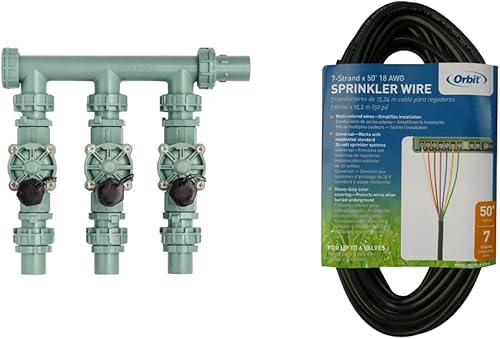 Orbit 57253 Colector preensamblado de 3 válvulas y cable de rociador 57092 7Strd de 50 pies, 50 pies, color verde