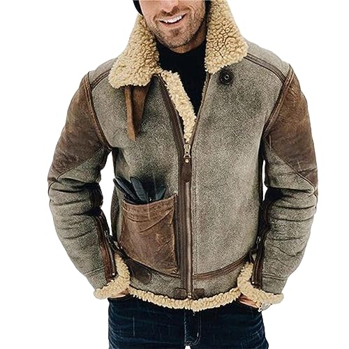 Mmoneyake Faux Shearling Jacket Men Sheepskin Leather Bomber Jacket Full Zip Wool Warm Thick Coats Overcoat with Fur Collar