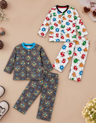 Image of 3BROS Kids Pure Cotton Night Suit Set | Boys Girls Printed Sleepwear Shirt & Pajama Clothing Combo | Soft Breathable Night Dress Outfit | Pack of 2