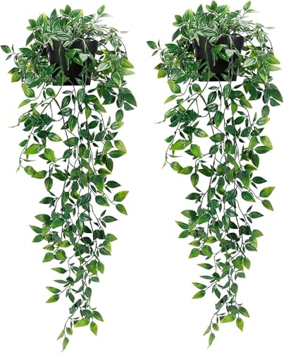 Artificial Hanging Plants 2 Pack Fake Hanging Plants with Pot Greenery Faux Fake Ivy Decor Fake Potted Plants for Home Indoor Outdoor Wall Patio Office Table Shelf Aesthetic Decor (A)
