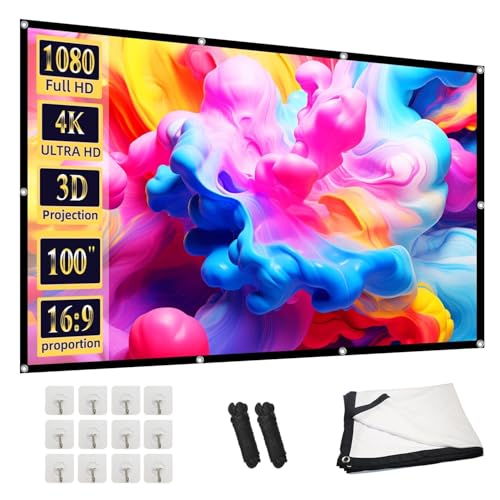 Image of Projector Screen 100 inch, Wrinkle-Free and Foldable Projection Screen 16:9 HD 4K Portable Movies Screen for Home Theater Outdoor Indoor Double Sided Projection with Grommets and Hooks