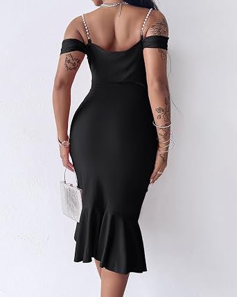 CHICME Womens Sexy Bodycon Party Dress Off The Shoulder Pearls Strap Midi Dress Ruffle Hem Cocktail Dresses