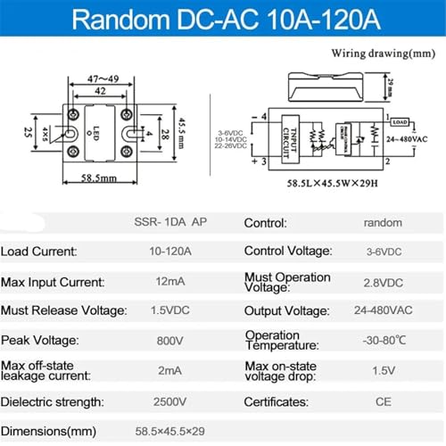 Relais statique SSR 60A 24-480V CA commande 3-6V CC monophasé