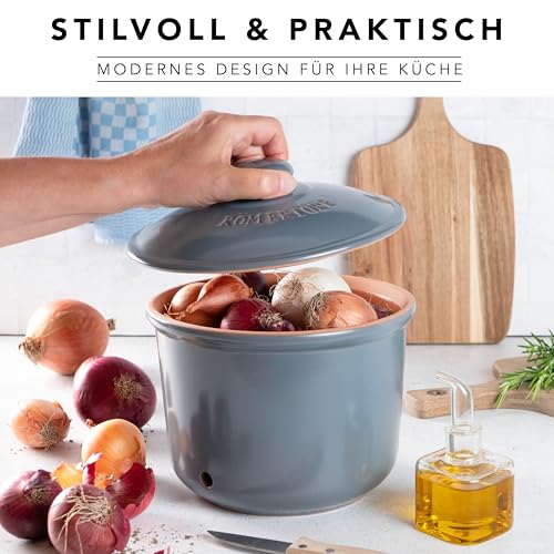 Miniatura 5 de Römertopf Maxi Olla De Cerámica Para Cebollas Y Verduras, 2,8 L, Transpirable Y Ventilada, Base Esmaltada, Apta Para Lavavajillas, Gris Y Azul