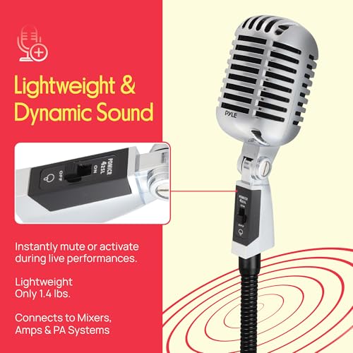 Pyle Classic Retro Dynamic Vocal Microphone - Old Vintage Style Unidirectional Cardioid Mic with XLR Cable - Universal Stand Compatible - Live Performance In Studio Recording - PDMICR42SL (Silver) - Thumbnail 4