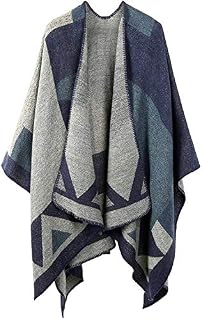 Womens Reversible Oversized Poncho Cape Warm Shawl Wrap Open Front Printed Blanket Cardigans