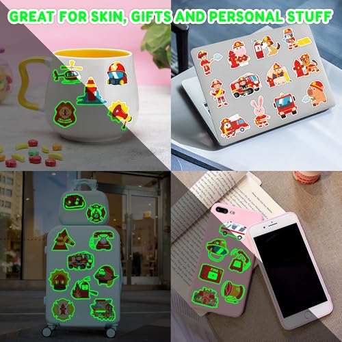 Image of 96 PCS Firefighter Pre-Cut Luminous Glow in the dark Temporary Tattoos | Super Cute Themed Birthday Party Favors, Supplies, Decorations, Firetruck Fake Tattoo Stickers Gifts for Boys Girls