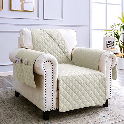 Funda Sofá 1 Plazas Impermeable e Antideslizante con Bolsillos, Cubre Sillon Orejero/Relax Reversible Antiarañazos para Mascotas, Oeko-Tex, Lavable (Helado Blanco)