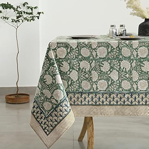 Labhanshi Indian Handblock Print Floral Cotton Table Cloth|Rectangle 60x90 Inch 6-Seater Kitchen Dining Table Cloth|Spring Easter St.Patrick Wedding Holiday Party Decorative Table Cover|Moss Green Cover